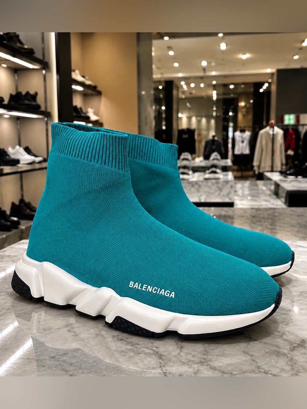 Balenciaga Men's Teal Knit Sock Sneaker with White Sole